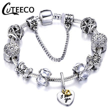 Load image into Gallery viewer, CUTEECO 925 Fashion Silver Charms Bracelet Bangle For Women Crystal Flower Fairy Bead Fit Brand Bracelets Jewelry Pulseras Mujer