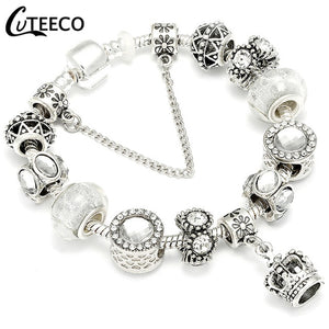 CUTEECO 925 Fashion Silver Charms Bracelet Bangle For Women Crystal Flower Fairy Bead Fit Brand Bracelets Jewelry Pulseras Mujer