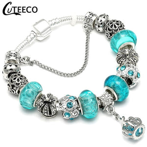 CUTEECO 925 Fashion Silver Charms Bracelet Bangle For Women Crystal Flower Fairy Bead Fit Brand Bracelets Jewelry Pulseras Mujer