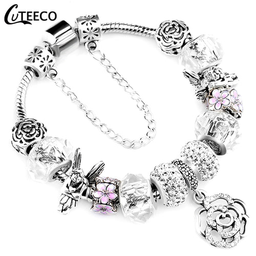 CUTEECO 925 Fashion Silver Charms Bracelet Bangle For Women Crystal Flower Fairy Bead Fit Brand Bracelets Jewelry Pulseras Mujer