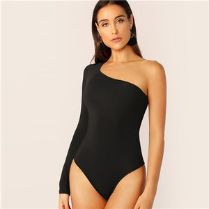 SHEIN One Shoulder Form Fitting Bodysuit Stretchy Sexy Solid Long Sleeve Basics Bodysuits Women 2019 Summer Skinny Bodysuits