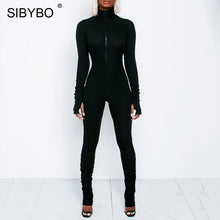 Load image into Gallery viewer, SIBYBO Spring Turtleneck Skinny Casual Jumpsuit Women Long Sleeve Front Zipper Sport Wear Women Rompers Black Overalls for Women