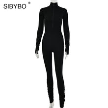 Load image into Gallery viewer, SIBYBO Spring Turtleneck Skinny Casual Jumpsuit Women Long Sleeve Front Zipper Sport Wear Women Rompers Black Overalls for Women