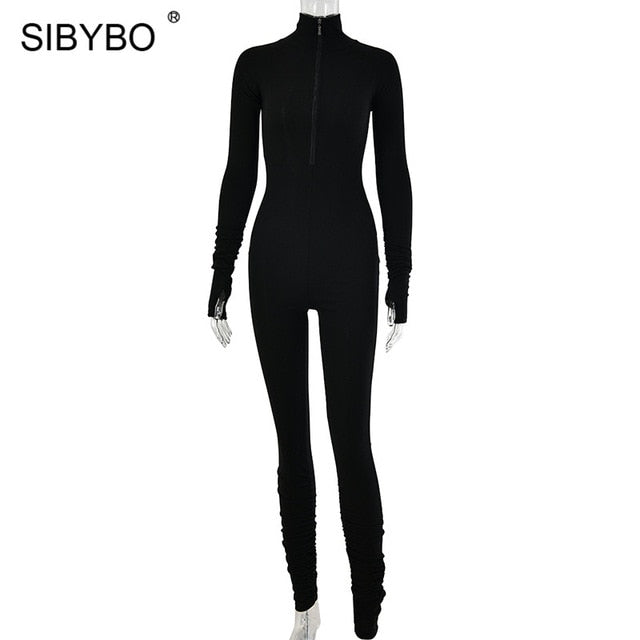 SIBYBO Spring Turtleneck Skinny Casual Jumpsuit Women Long Sleeve Front Zipper Sport Wear Women Rompers Black Overalls for Women