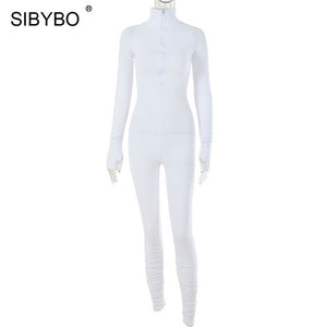 SIBYBO Spring Turtleneck Skinny Casual Jumpsuit Women Long Sleeve Front Zipper Sport Wear Women Rompers Black Overalls for Women