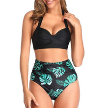 Load image into Gallery viewer, 2020 Fashion Women Vintage Swimsuit Two Pieces Retro Halter Ruched High Waist Print Bikini Set Black Polyester Swimwear#3