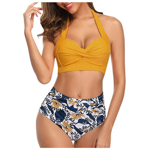 2020 Fashion Women Vintage Swimsuit Two Pieces Retro Halter Ruched High Waist Print Bikini Set Black Polyester Swimwear#3