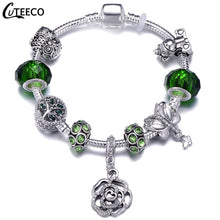 Load image into Gallery viewer, CUTEECO 925 Fashion Silver Charms Bracelet Bangle For Women Crystal Flower Fairy Bead Fit Brand Bracelets Jewelry Pulseras Mujer